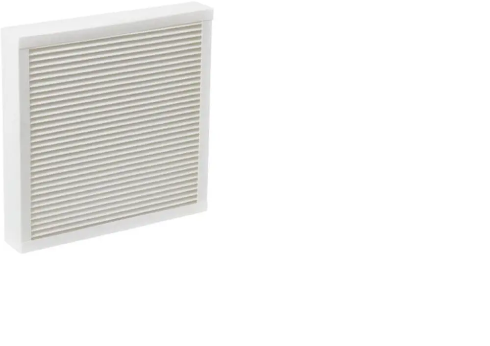 Produktbild des STIEBEL ELTRON Filterkassette FMK F7LP-1 (Artikelnummer 233868), ein weißer Luftfilter mit Lamellenstruktur in einem weißen Rahmen.